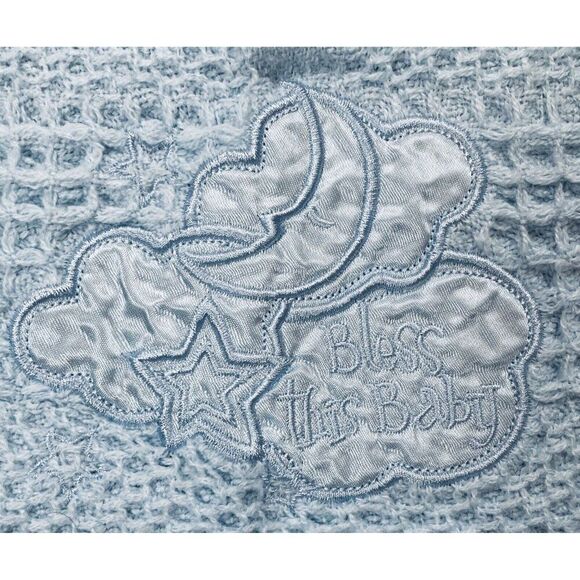 Kidgets Blue Waffle Weave Satin Edge Bless This Baby Blanket 28x29 Thermal Throw - Picture 2 of 11